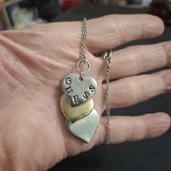 Vintage Guess Brand Mixed Metal 3 Tiered Heart Pendant Charm Necklace In Silvertone & Goldtone On 16" Chain W/3" Extension & Lobster Clasp