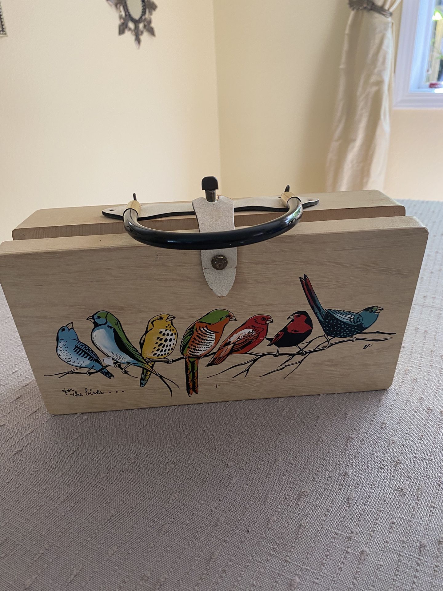 Enid Collins Wooden Box Purse Hand painted Birds Signed 1960s Natural Finish AS IS