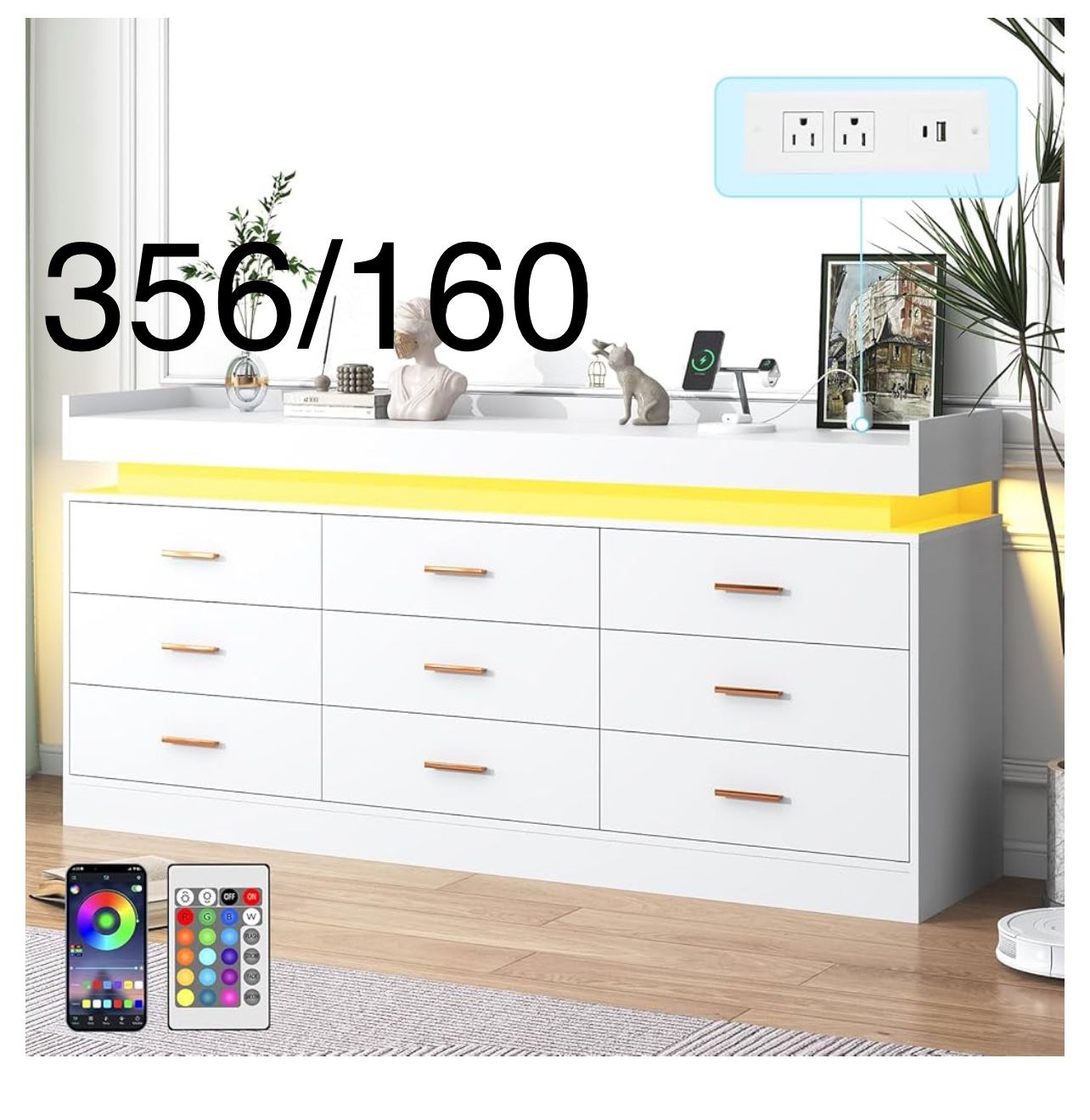 9 Drawer Dresser with LED Light and Charging Station, Modern Chest of Drawers for Closet, Wide Drawer Organizer Cabinet for Bedroom, Living Room, Entr