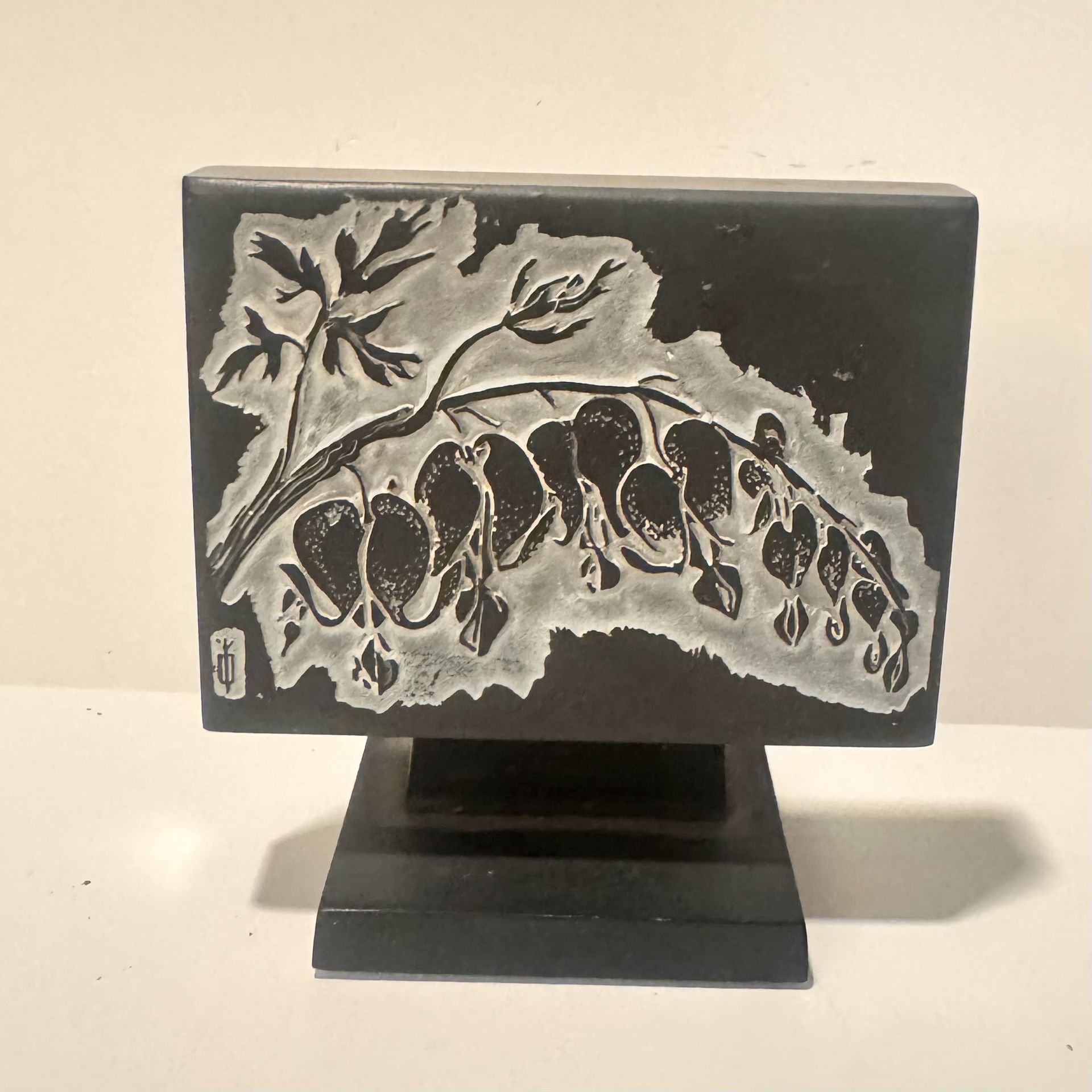 Vintage floral Asian hand carved Marble/Stone Plaque Tabletop Art
