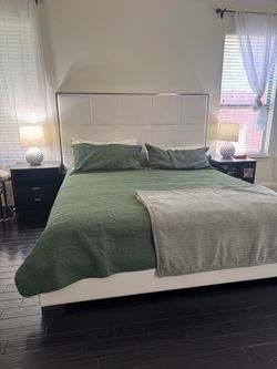 King Platform Bed with White Upholstered Headboard and king mattress