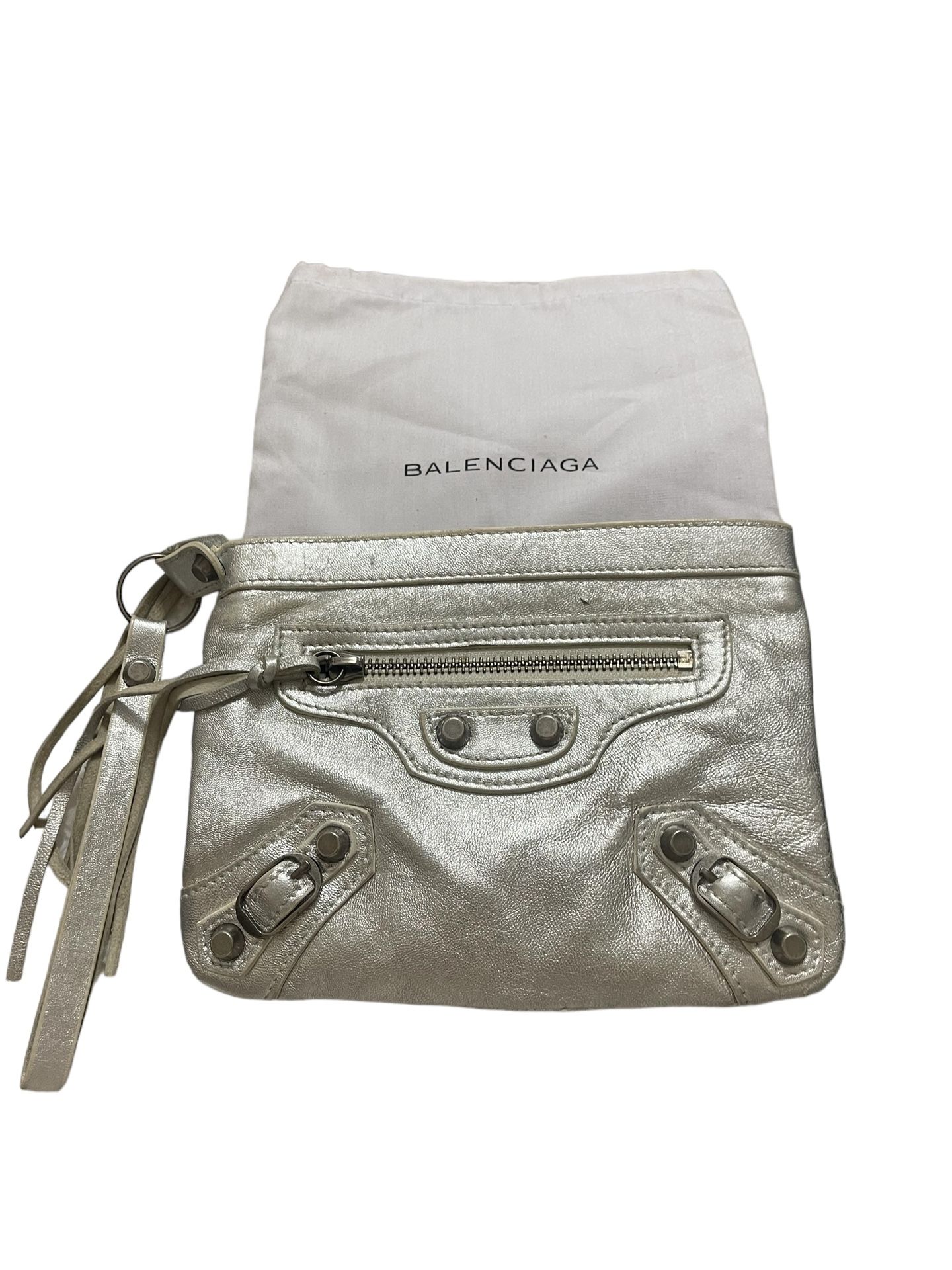 Balenciaga Paris Neo Classic Wristlet Clutch Wallet Silver Leather N 0162 C
