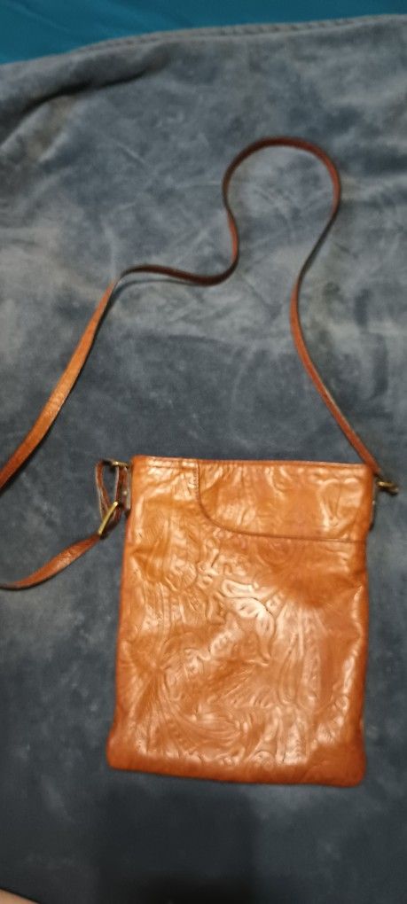 Margot New York Brown Leather Hand Tooled Floral Embossed Crossbody Bag