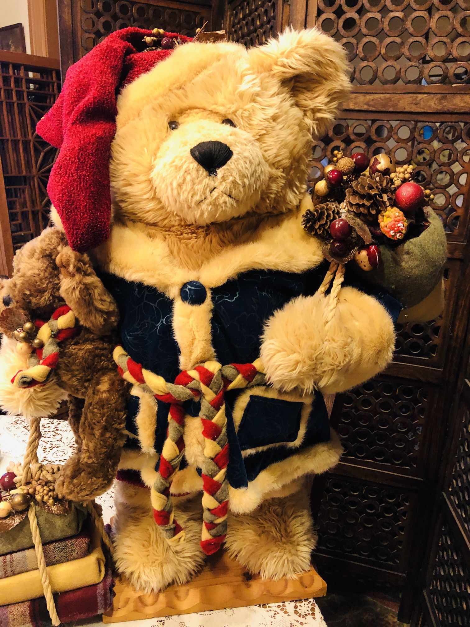 30" Large Dan Dee Plush Christmas Bear W/Baby Bear on Wooden Stand