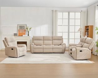 Memorial Day sale ! Beige  leather fully reclining three piece couch sete