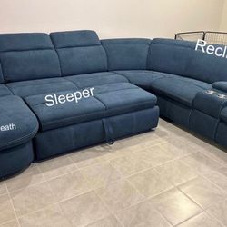 Large Blue Power Reclining Sectional w/ Sleeper, Storage, & Adjustable Headrests