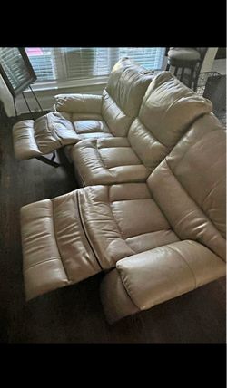 Beige Leather Couch 3 Seater Reclines