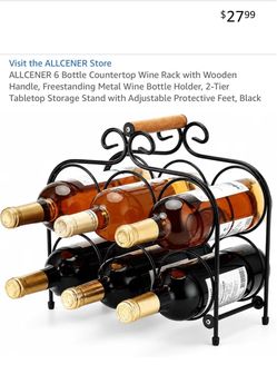 6-bottle 2-tier iron wine rack with wooden handle