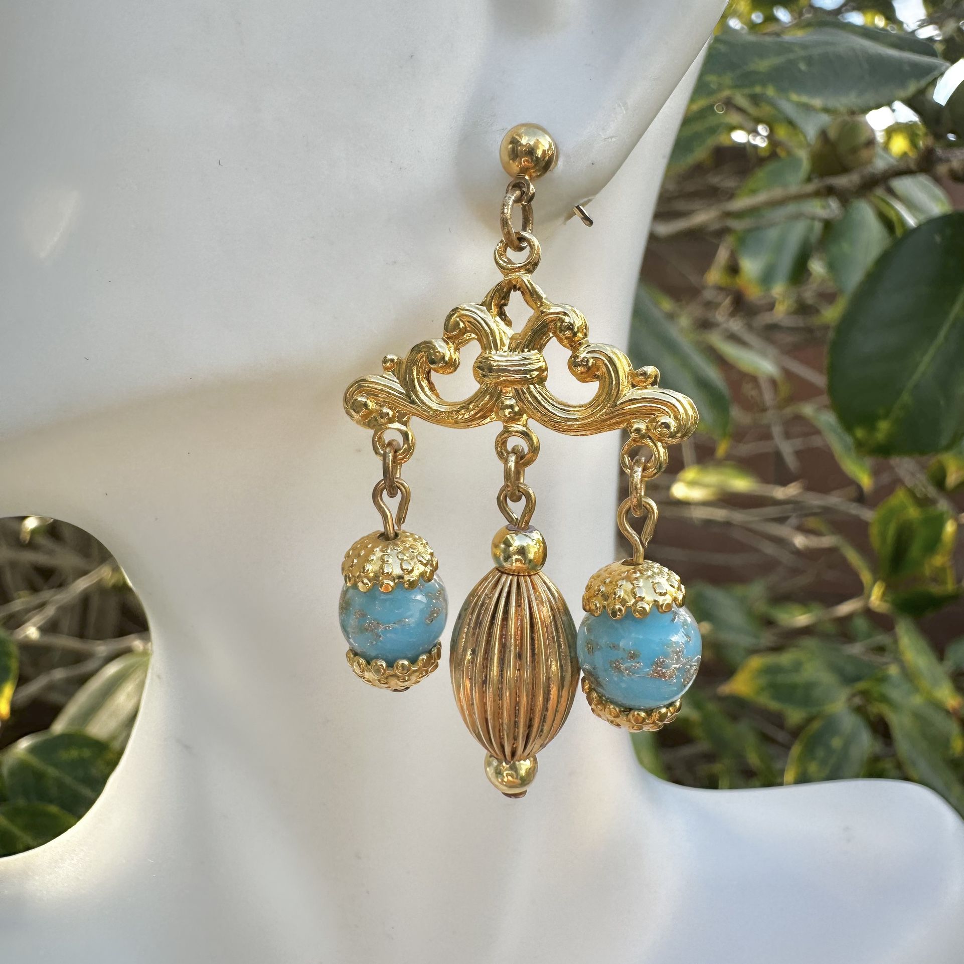 Gold tone blue beaded vintage earrings
