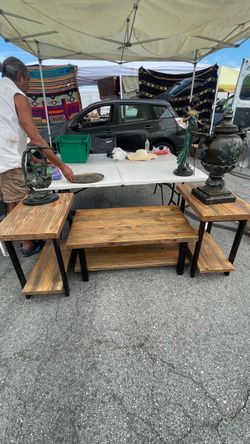 Wood and Metal Coffee Table with Two End Tables