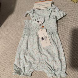 New Baby Girl 2 Piece set 3/6 Months Teal Orange Floral Romper And Hat 