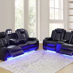 Power Electric Black Leather Fully Reclining Couch Set