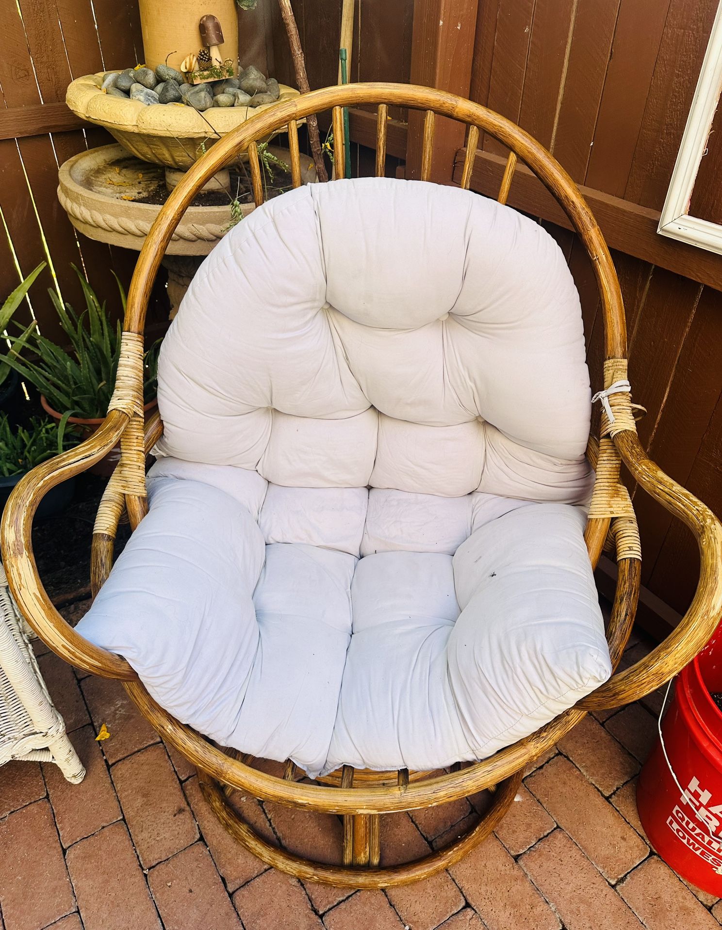 1970s Vintage rattan papasan chair with cushion.