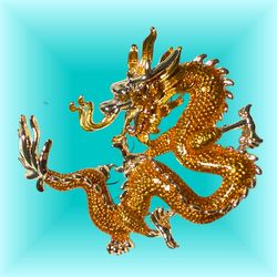 Vintage 2000s Gold & Silver Enamel Dragon Brooch, 1.75x1.75”