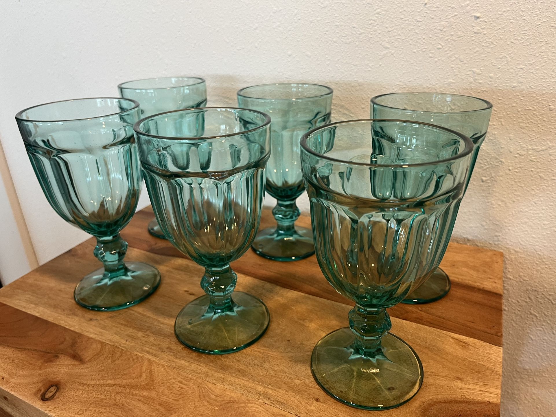 Set Of 6 Teal Glasses. Water Goblet, Wine Glasses
