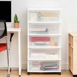 Plastic Drawer Storage Organizer Rolling Cart, with Wheels Casters, 5-Drawers, for Art Craft Supplies Bathroom Dorm Bedroom Laundry Room, Wid