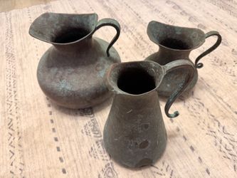 Vintage Hand-Worked Copper Pitchers – Set of 3 – Original Patina