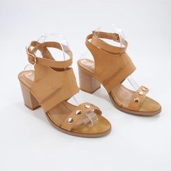 Tan Faux Leather Wrap Block Chunky Heels 9