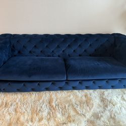 Luxurious Deep Blue Velvet Tufted Sofa – Excellent Condition