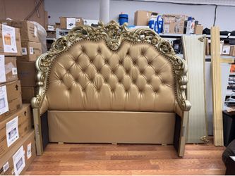 Beautiful Faux Leather Carved King Size Headboard  83”L x 76”H  Also comes with the two side boards and the middle wooden slats. No footboard