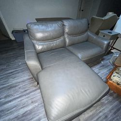 Grey Genuine Leather Chaise Lounge Sofa Couch