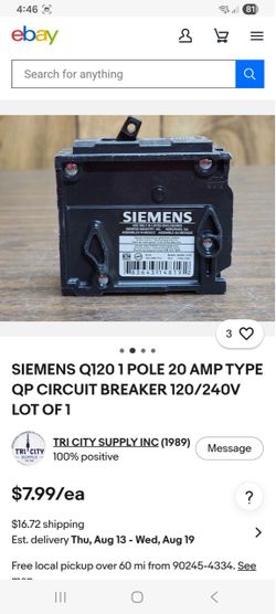 SIEMENS Q120 1 POLE 20 AMP TYPE QP CIRCUIT BREAKER 120/240V LOT OF 1