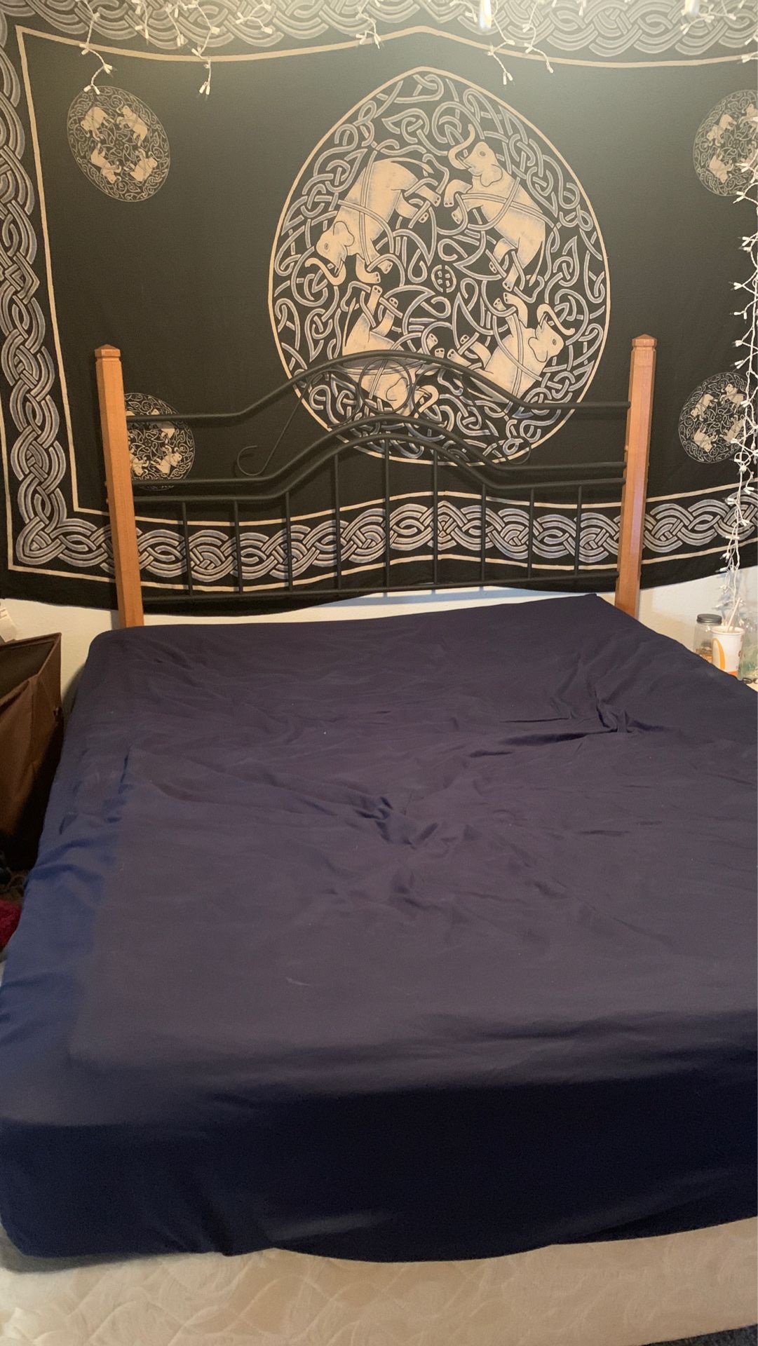 Queen bed, box spring, head board, and metal frame