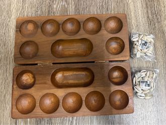 Teak Wooden Pallankuli / Mancala Board Game with Cowrie Shells