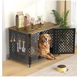 43.7” large Heavy Duty Dog Crate Furniture for Large and Medium Dogs, Cushion & Wheels, W-64