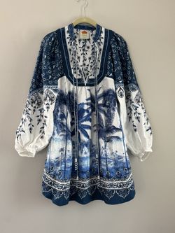 Rio Palm Tree Print Linen Blend Tie Front Dress. Size XS