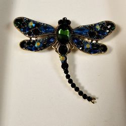 Dragonfly Pin Back Brooch Large Yellow Gold Blue AB Crystal 