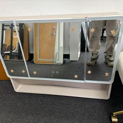 Aluminium Medicine Cabinet Mirror, 36 * 28in Tri-Color LED Light Bathroom Mirror with Cosmetic Storage Rack,（small dent)