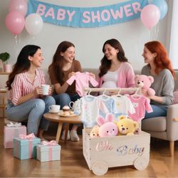 Wooden Baby Shower Crate Closet, Baby Shower Gifts Basket for Newborn Boys Girls, Personalized Babyshower Crate Box with Handle & Wheels, Pregnancy Gi
