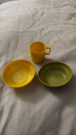 Vintage 70s Tupperware Mini Serve It Childrens Toy Dishes 3 Piece Lot Yellow Green