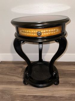 Round Black Wood Accent Side Table with Drawer
