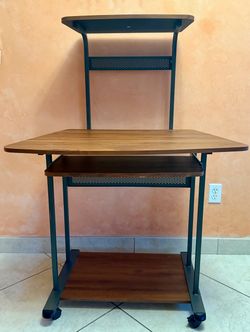 Rolling Computer Desk with Keyboard Tray and Shelves