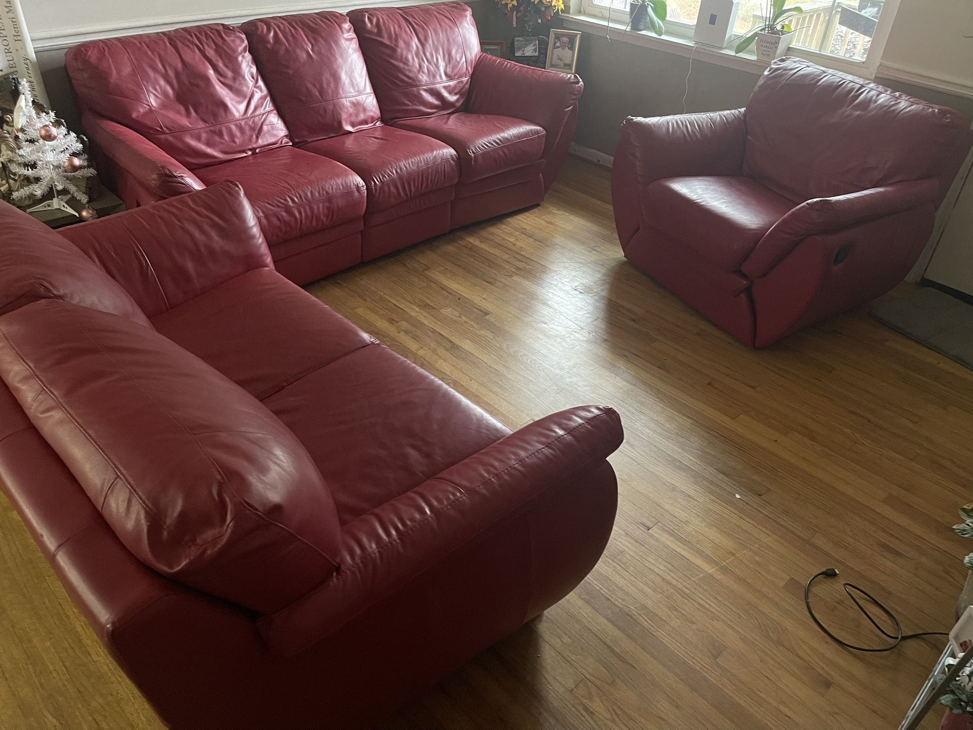 Set 3 Piece Leather Sofa Couch Living Room Red