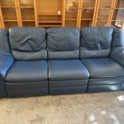 Natuzzi deep blue leather ‘apartment’ reclining 3-seat couch