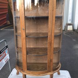Antique Tiger Oak Curved Glass China Cabinet - Original Key!
