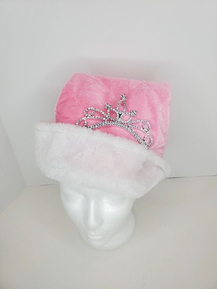 Pink Princess Tiara Christmas Santa Hat Plush Faux Fur Cuff & Pom Pom