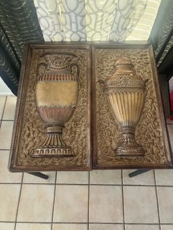 Set of 2 Vintage Hand-Carved Wooden Art Piece