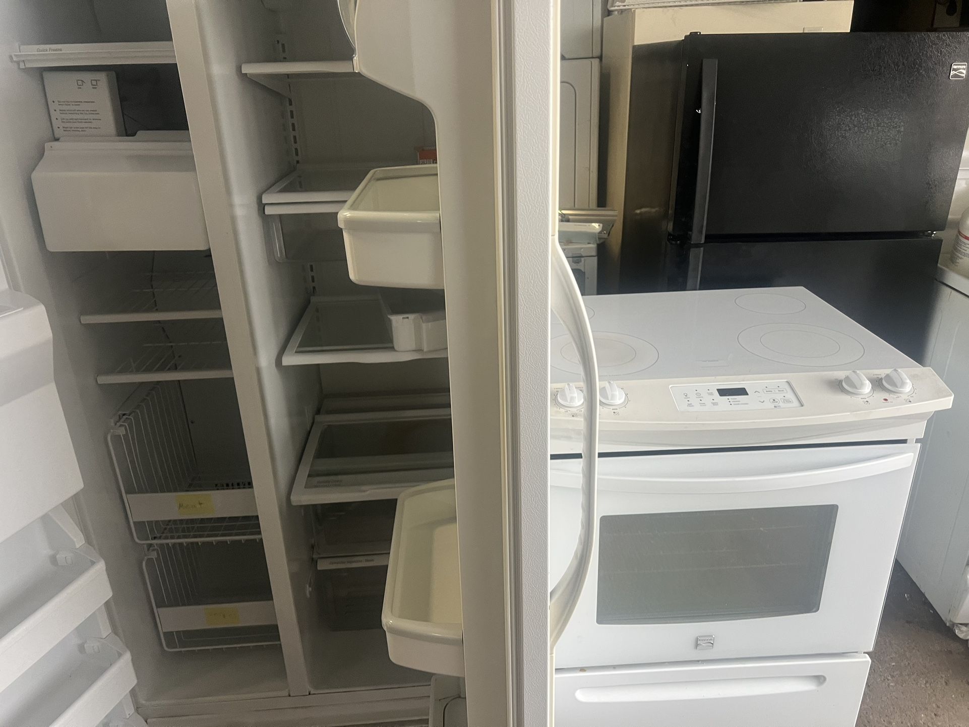 Nice Side-By-Side Over Range White Microwave, White Sliding Electric Stove