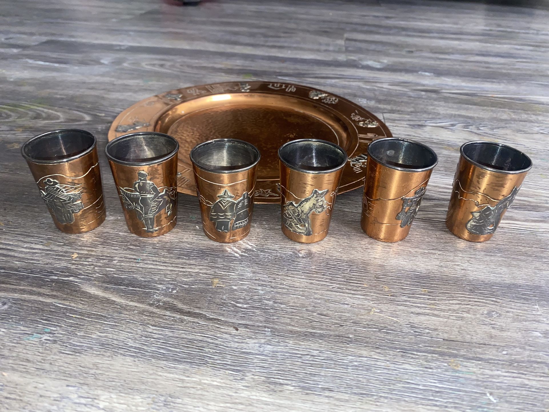 Vtg 1950s Victoria Taxco Mexico Copper/Silver Shot Glass & Tray Set
