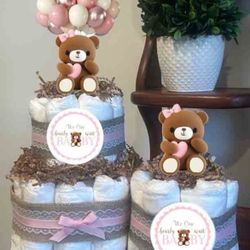 2 Pink Girl Teddy Bear baby Shower Diaper Cakes
