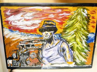 Original Acrylic Painting Man with Vintage Car