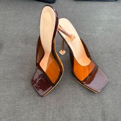 Brown + Orange Toe Mule heels