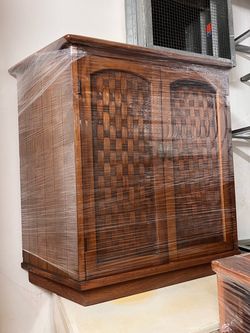 Vintage Mid-Century Woven Door Wood Cabinet