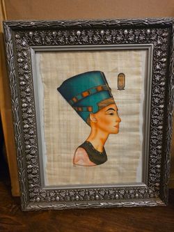 Vintage Framed Egyptian Papyrus Painting – Queen Nefertiti Profile