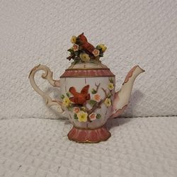 MONTEFIORI Cast Resin Cardinals Pink Yellow Flowers Tea Pot Collection 