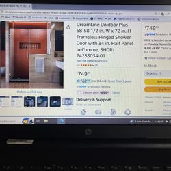 Frameless Shower Door 58-1/2”W x 72”H (New In Box)